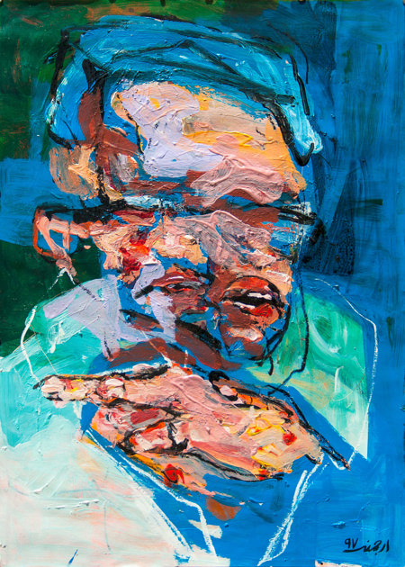 Self Portrait on Blue Background